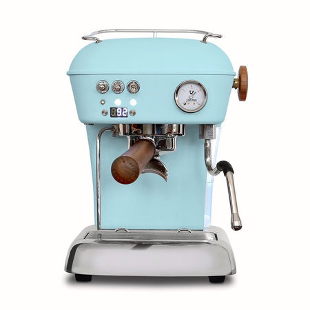 Ascaso Dream home coffee machine. Compact, sleek, retro design. Thermoblock offers heat retention. Water reservoir pulls out sideways and can be refilled without removing from machine. Includes pressurized and nonpressurized ESE Pod baskets.